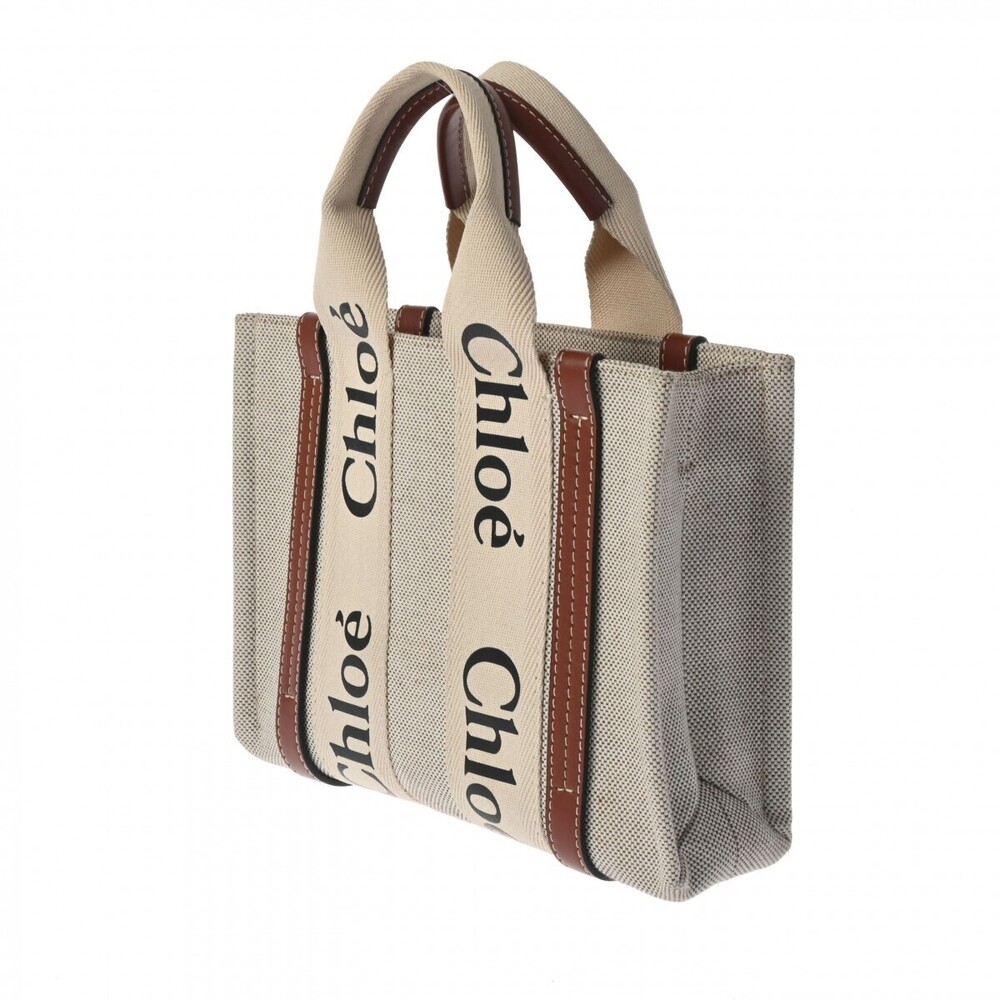 Chloe Bag Woody Shiny Brown Canvas Handbag Beige Shoulder